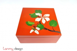 Orange square lacquer box hand painted with Ban flower
